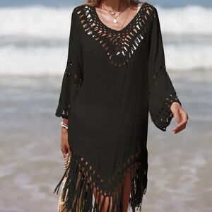 NEW Black Crochet Fringe Hem Loose Waisted Coverup